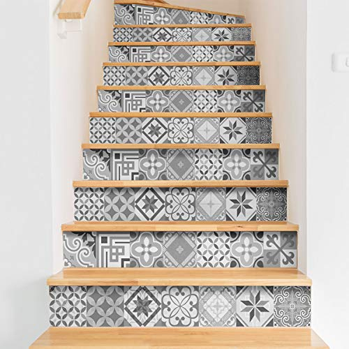 Stickers adhésifs escalier carrelages | Sticker Autocollant contremarche Carreaux de ciment – Stickers contremarche carrelages | Escalier carreaux de ciment adhésif - Micalina – 15 x 105 cm - 2 bandes