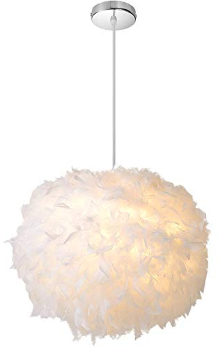 iDEGU Hängeleuchte Moderne Kronleuchter Lampenschirm aus weißen Federn E27 Lampe Hängelampe für Schlafzimmer Wohnzimmer – Ø 30 cm