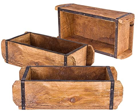 BigDean 3x Ziegelform 32x14x9 cm - Ein-Kammer - Vintage Holzkiste mit Metallbeschlägen - Ordnungsbox Allzweckkiste - Nachbau aus Altholz - Jedes Stück ein Unikat
