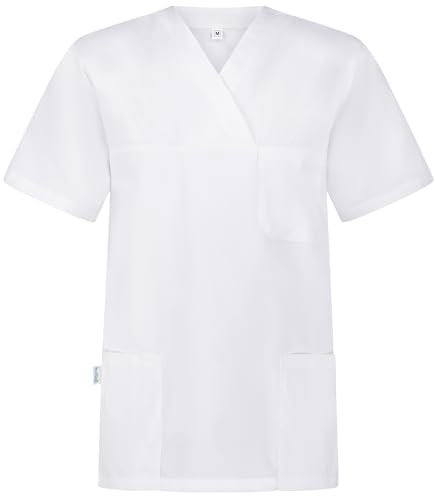 B-well ANGEL Unisex Casaca Sanitaria para Mujer y Hombre Cuello V, Manga Corta, Uniforme Casacas Sanitarias Mujer/Hombre Blanco XS