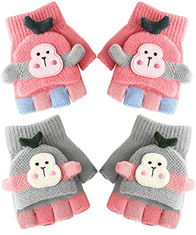 Kinder Halbfinger Handschuhe, 2 Paar Cartoon Fingerhandschuhe Strickhandschuhe Thermohandschuhe mit Klappe, Outdoor, Ski, Winter für Kinder
