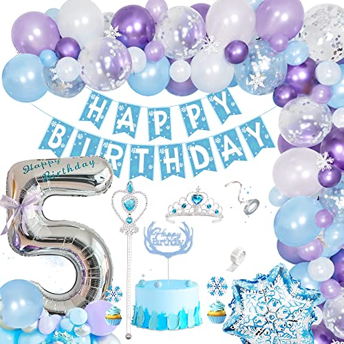 5 Jahre Frozen Geburtstagsdeko Mädchen, 5. Frozen Ballon Luftballon Girlande Kit, Lila Blau Weiß Metallic Ballons Frozen Party Geburtstagsdeko Ballons für Geburtstag Mädchen Party Dekoration Zubehör