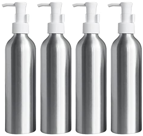 ZEOABSY 4 Pieces Empty 250ml Silver Aluminium Lotion Pump Bottle, Aluminum Bottles with LOCK Clip, Travel Metal Bottles for Cosmetic Shampoo Body Washing Gel Essential Oil Liquid Dispenser