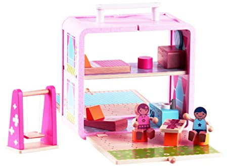 Udeas Holz Puppenhaus Spielzeug - Buntes Mädchen Spielhaus mit Figuren und Spielzeugbox für Kinder ab 3 Jahre