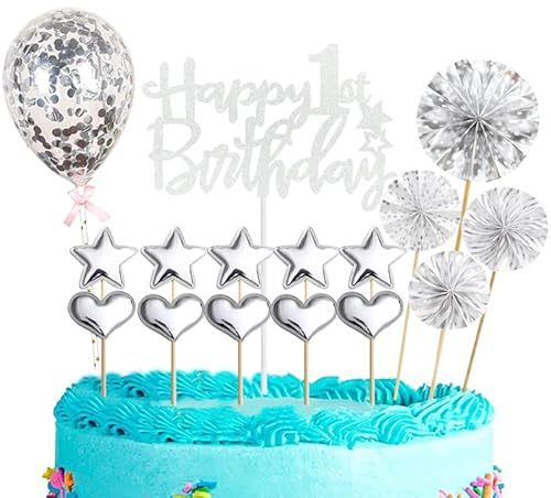 16 Piezas 1 años Adornos Tarta Cumpleaños,Plata Decoracion Tarta Cumpleaños,Happy 1st Birthday Cake Topper Decoracion 1 años, Adornos con Globos para Cumpleaños Adornos Kit para 1 Cumpleaños