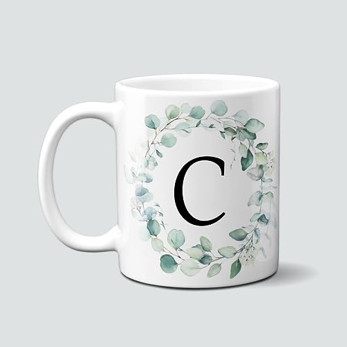online-hut - Tasse - Kaffeetasse - Kaffeebecher - Monogrammtasse A-Z - Lieblingstasse - Eucalyptus - Blätterkranz - Buchstabe - NT-111 (C)