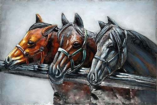 Handgefertigtes Metallbild 3D-Optik Verschiedene Größen Kunst Bild Wandbild (Three Horses)