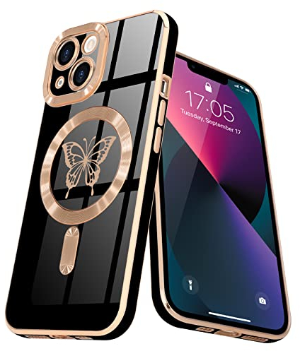 Lafunda Magnetisch Hülle für iPhone 13 Handyhülle Schutzhülle Kamera-Vorsprung Case Schmetterling Vergoldung Glitzer Mädchen Stoßfest Cover für iPhone 13 Schwarz