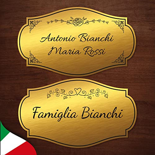 Targa nome per portone ingresso, in laminato plastico oro e argento spazzolato, incisa a laser, per porte casa, ufficio, negozio, personalizzabile con nome, cornici e misure. (ORO - FORMA 2 -)
