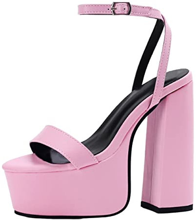 CRETUAO Sandali con Tacco e Plateau a Testa Tonda Donna, Cinturino alla Caviglia Color Carne, Sandali con Tacco Grosso e Sexy con Tacco Largo, comode Scarpe Sera Aperte in Punta,Rosa,41 EU