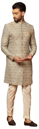 KISAH Men's Sherwani Set with Trouser – Textured Silk Blend Jacquard Ethnic Set with Mandarin Collar – Indian Wedding & Festive Wear for Diwali, Eid & Celebrations, Yellow, 44