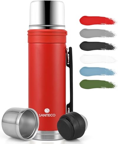 SANTECO Large Vacuum Flask 1000ml Water Bottle, Durable Food Grade 18/8 Stainless Steel Red Drink Flask with BPA-Free, Keep Contents Warm 12h and Cold 24h for Hiking, Camping