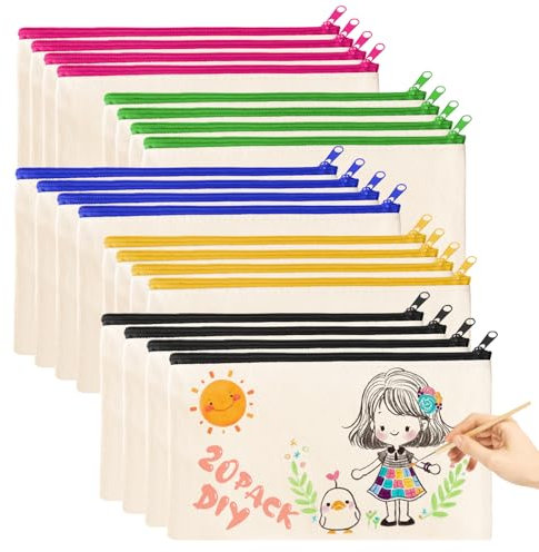 20 Stück DIY Blanko Stoffbeutel,Stoffbeutel zum Bemalen,DIY Federmäppchen Kinder Bemalen Kindergeburtstag Stoffbeutel Reißverschluss Mäppchen zum bemalen,21 x 12 cm