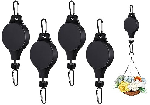Hitopin 4PCS Hanging Potted Hooks, Retractable Plant Hanger, Plant Hook Pulley, Adjustable Plant-Hook, Hanging Flower Basket-Hook, for Indoors Garden Flower Basket Pot Bird Feeder (Black)