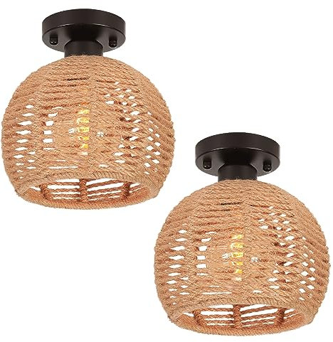 LIGKIN 2 Piezas Lámpara de Techo Vintage Ratán E27 Retro Lámpara Techo Colgante Ratán Jaula de Metal y Cuerda de Cáñamo Lámpara de Techo para Salón Dormitorio Loft Pasillo, Ø20cm