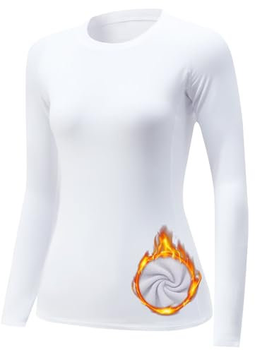 TERODACO Thermal Tops Womens Long Sleeve UPF50+ Ski Base Layer Women Soft Quick Dry Thermals Stretchy Micro Fleece Ladies Gym Running Sports Tops 22534 White L