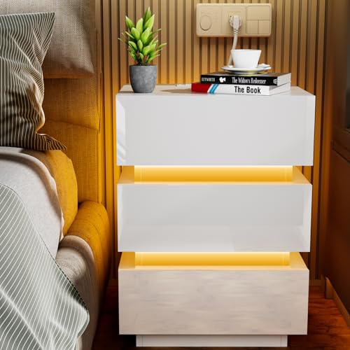 HaodaCulture LED Nachttisch weiß, Nachtschrank mit 3 Schubladen, Nachttisch mit Steckdose, 2 AC Steckdosen, 2 USB Anschlüsse, Nachtschrank Holz Beistelltisch für Schlafzimmer 45x35x62cm