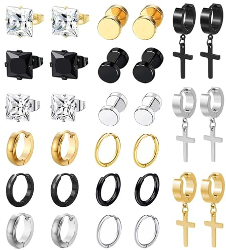 BVLAGIDA 15 Paires Boucle d'Oreille Homme, Acier Inoxydable Boucles d'Oreilles, Noir Argent Gold Clous d'Oreilles, Boucle d'Oreille Créole, Boucles d'Oreilles Faux Plug pour Homme Femme