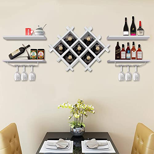 banborba Mensola per vino a parete, in legno, da appendere, con diamante, supporto da parete per bottiglie, con porta bicchieri da vino, per cucina, ristorante, bar (bianco)