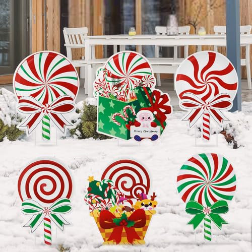 6pcs Panneaux de Cour de Noël de Bonbons avec 12pcs Piquets en Fibre, Grandes Ornements de Sucette de Noël Signe de Jardin de Noël d'Extérieur pour les Vacances d'Hiver Fête Patio Jardin Allée