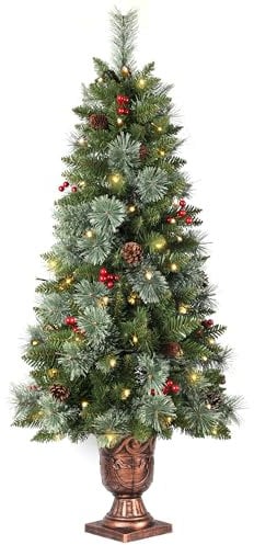Pre-lit Artificial Christmas Tree 120cm/4ft,Potted Decorated Pine Xmas Tree with 100 Warm White LED Lights & 15 Red Berry & 10 Pinecone for Indoor Outdoor
