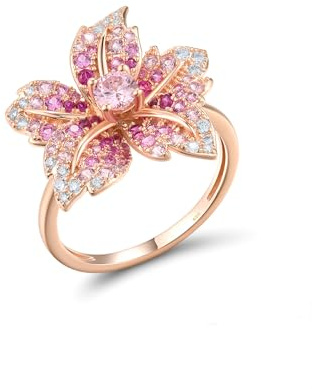 Santuzza 925 Sterling Silver Rose Ring Pink Sapphire Created Ruby Cubic Zirconia Blossom Hibiscus Flower Rings