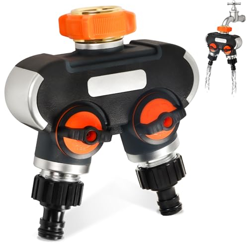 2 Wege Verteiler Wasser, 1/2 und 3/4 Wasser Verteile mit Adapter zu Gartenschlauch Wasserhahn und Bewässerungsuhr, Wasserdurchfluss regulier und absperrbar für Autowäschen, Gartenbewässerung