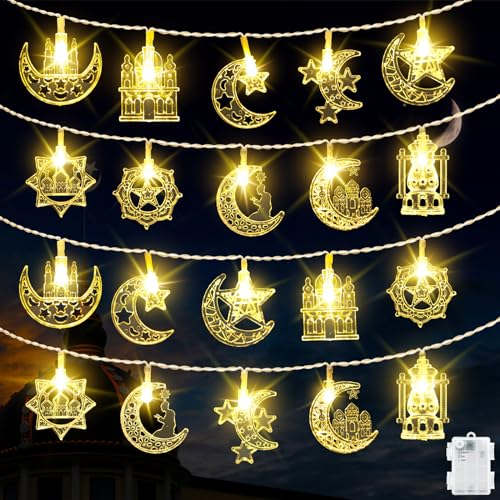 Dalugo Ramadan Lichterkette Batterie Timer, 3M 20LED Ramadan Deko Lichterkette mit Timer, Stern Mond EID Mubarak Deko Lichterkette für Haus Muslim Ramadan Dekoration