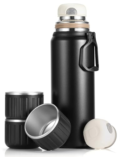 MUCR 750ml Insulated Flask Gift Set with 3 Cups,Black | Stainless Steel, 24H Cold / 12H Hot, Leak-Proof, Travel, Office, Gift Box