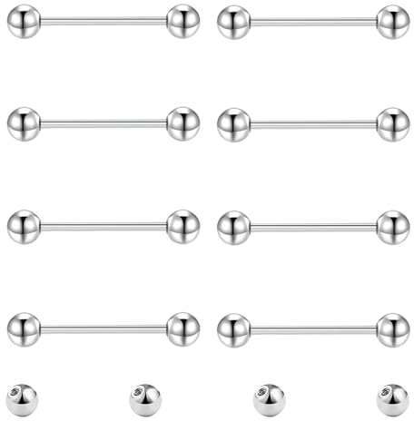 Gojewen 8er Zungenpiercing Brustwarzenpiercing und 4er Ersatzkugel Chirurgenstahl Silber Piercing Zunge Brustwarze Barbell 16mm
