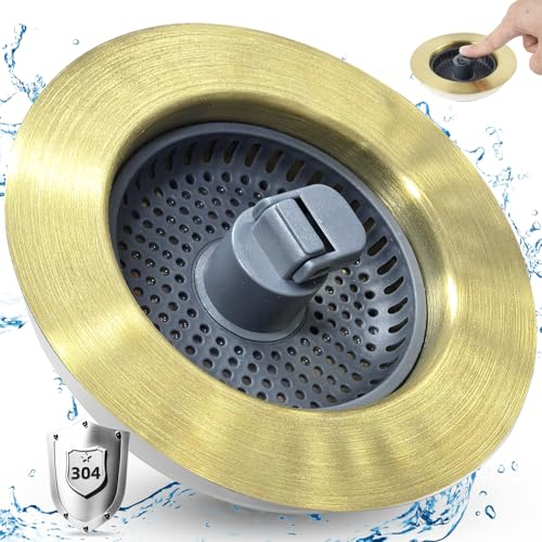 Hygie Rinse 3-in-1 Pop Up Kitchen Sink Strainer Stopper Combo, Shiny Gold Stainless Steel Shell for US Standard 3-1/2 inch Drain Filter, Anti-clog and Easy Clean