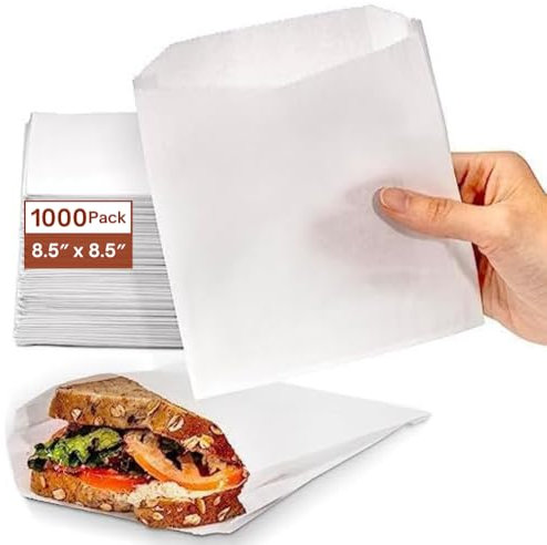 [1000 Pack] Greaseproof White Paper Bags - (8.5'' x 8.5'') Eco-Friendly & Biodegradable Sandwich Bags for Snacks, Lunch - Ideal for Sweets & Food - Food Grade Carbon Neutral Packaging
