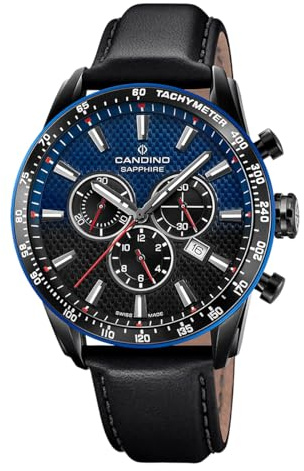Candino Swiss Herrenuhr Analog aus Leder Schwarz | Chronograph, Kalender, Widerstandsfähiges Saphirglas, Wasserdicht 10 ATM Elegant C4759/2 Gents Chrono Timeless