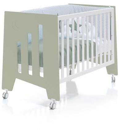 Alondra Cuna Colecho Madera 120x60 Bebe con Ruedas se UNE a la Cama, con Kit colecho, Convertible en Mesa Escritorio Infantil. Omni K10 Erba Verde. Somier 5 Alturas Regulable.