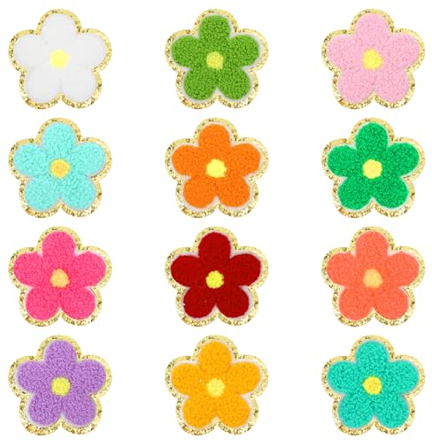 Andibro 12 Stück Blumen Aufnäher zum Aufbügeln, Bunte Chenille Bestickte Aufnäher süße Patches zum Aufnähen für selbstgemachte Hüte Rucksäcke Kleidung Kleider Hosen Jeans