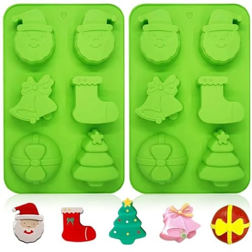 YJDM Christmas Silicone Mouds, 2PCS Large 6 Cavities Christmas Tree Snowman Socks Bells Cake Moulds Soap Candy Chocolate Muffin Jelly Trays Baking Molds for New Year Xmas Cake Decoration