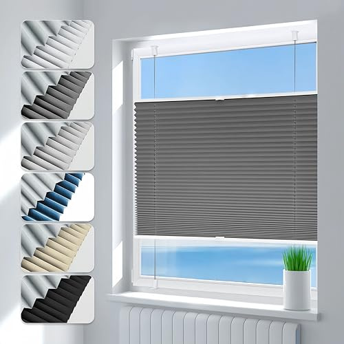 Deswell Plissee ohne Bohren Verdunkelung Klemmfix Verdunklungsplissee B95 x H110 cm Grau, 100% Blickdicht lichtundurchlässig Thermo Plissee Faltrollo Sichtschutz Sonnenschutz für Fenster Tür