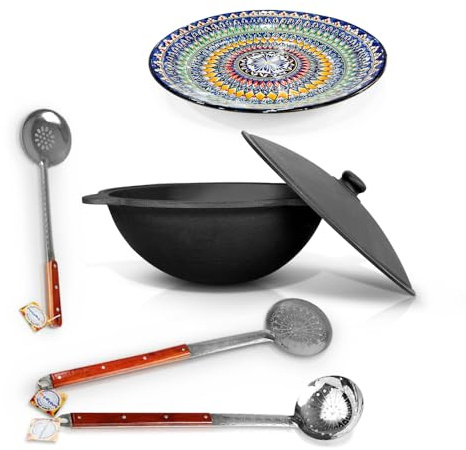 ZARENHOFF Set - Usbekischer Gusseisen Kasan 22 L runder Boden, Deckel aus Aluminiumguss Schaumlöffel 64 cm Schöpfkelle 48 cm Schaumlöffel 48 cm Lagan 42 cm Gusseisen Kazan Kasan Казан (Set - 634)