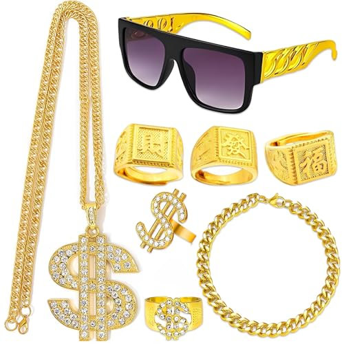Scinzene 8 Stück Zuhälter Kostüm Set, 80er 90er Jahre Outfit Herren Zubehör, Goldkette Herren Sonnenbrille Goldene Dollar Kette Ring Hanzi-Ringe, Für Halloween Fasching Karneval Mottoparty