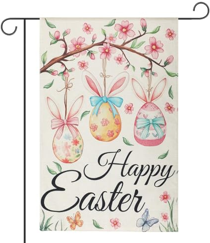 Happy Easter Flaggen, 45x30cm Osterei-Gartenflagge mit Blumen- und Zweigmuster Doppelseitig Ostern Flagge für die Feiertagsdekoration im Garten