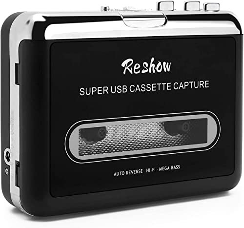 Reshow Walkman Cassette Tape Player – Portable Tape Player Audio Cassette to Digital Converter – Compatible with Laptops and Personal Computers – Convert Cassette Tape Recorder to iPod Format (Black)