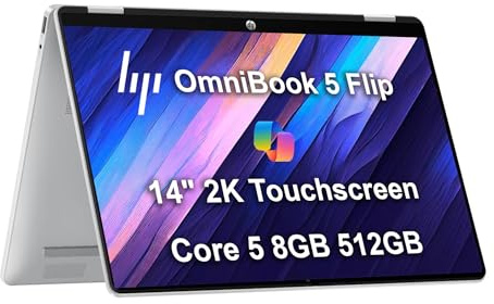 HP OmniBook 5 Flip (Next Gen Envy x360) 2-in-1 Laptop (14 2K IPS Touchscreen, Intel 10-Core 5 120U (> i7-1255U), 8GB DDR5 RAM, 512GB SSD) for Business, Students, 5MP IR Webcam, Backlit, Win 11 Pro