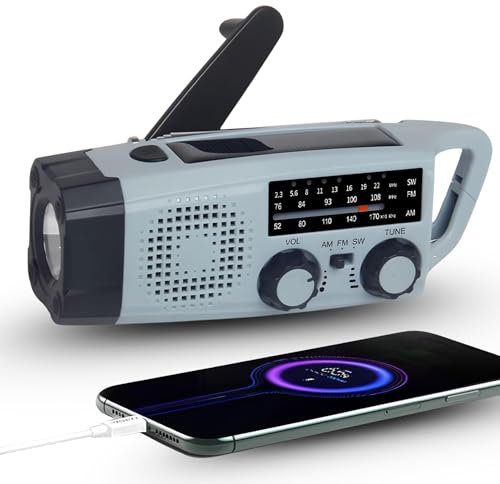 Radio Portable a Pile Survie, kit de Survie, Urgence Militaire, FM/AM, Radio de Secours avec Rechargement Solaire, Radios Dynamo à Manivelle avec Lampe de Poche, 2000mAh Powerbank SOS Alarm Camping