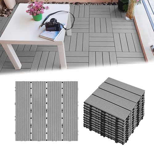 Froadp WPC Terrassenfliesen Fliesen, Balkonboden Fliesen, Klickfliesen mit Holzoptik, Wasserfest & Wetterfes, Balkonfliesent für Garten, Terrasse (Hellgrau, 30x30cm, 11 Stück)
