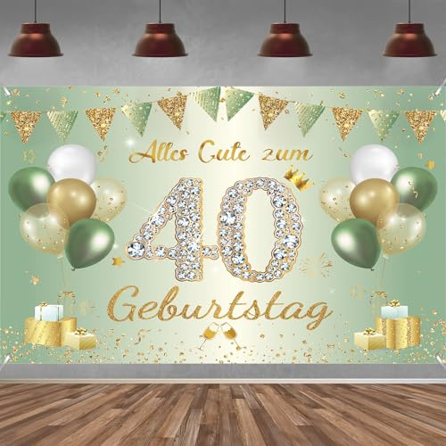 40. Geburtstag Banner Frauen Männer Deko Salbeigrüne 40 Geburtstag Hintergrund Banner, Extra Große Stoff Schild Poster für 40 Geburtstag Party Deko, 210x150 cm