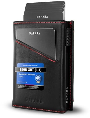 DAPARA Leder Geldbörse Herren | Slim Wallet Herren mit XL-Münzfach & RFID-Schutz | Portmonee Männer | Kartenetui für 12 Karten | Smart Wallet for Men | Karten Geldbeutel | Portemonnaie | Black Red