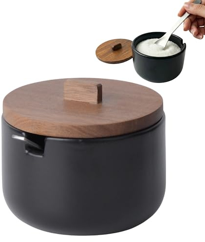 Zuckerdose mit Löffel und Deckel aus Akazienholz, 10.5 cm, Schwarz | Serie CURVE, Keramik Vorratsdose für Zucker, Salz, Gewürze oder Parmesan, Skandi-Design matt
