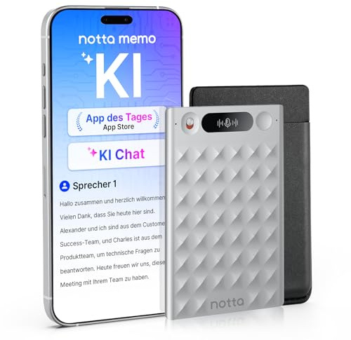 Notta Memo KI-Diktiergerät mit Transkription und Zusammenfassungen | Für Meetings, Anrufe, Interviews & Vorlesungen, WLAN-Transfer, Echtzeitübersetzung, 30 Std. Akku, Etui, Silber