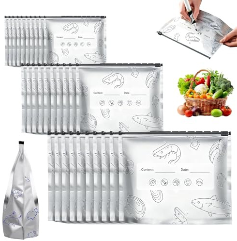 30 Bolsas Congelacion Reutilizables Aluminum Foil Storage Bags | Con Cierre Hermético y Cierre de Papel de Aluminio Adecuadas para Almacenar Mariscos, Carnes Evita olores cruzados