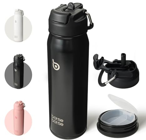 BOTTLE BOTTLE Insulated Water Bottle Stainless Steel 700ml（24oz） Bike Water Bottles with Straw and Adjustable Lid Daily Drink Flask Pill Organizer (Black)